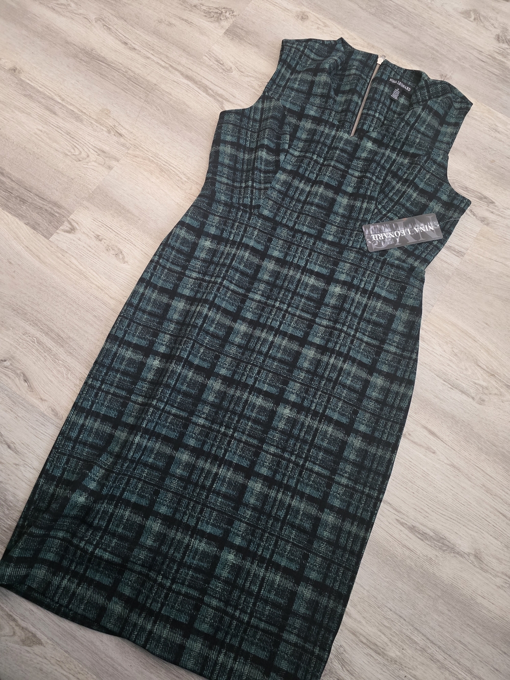 Nina Leonard Green Plaid Midi Sheath Dress